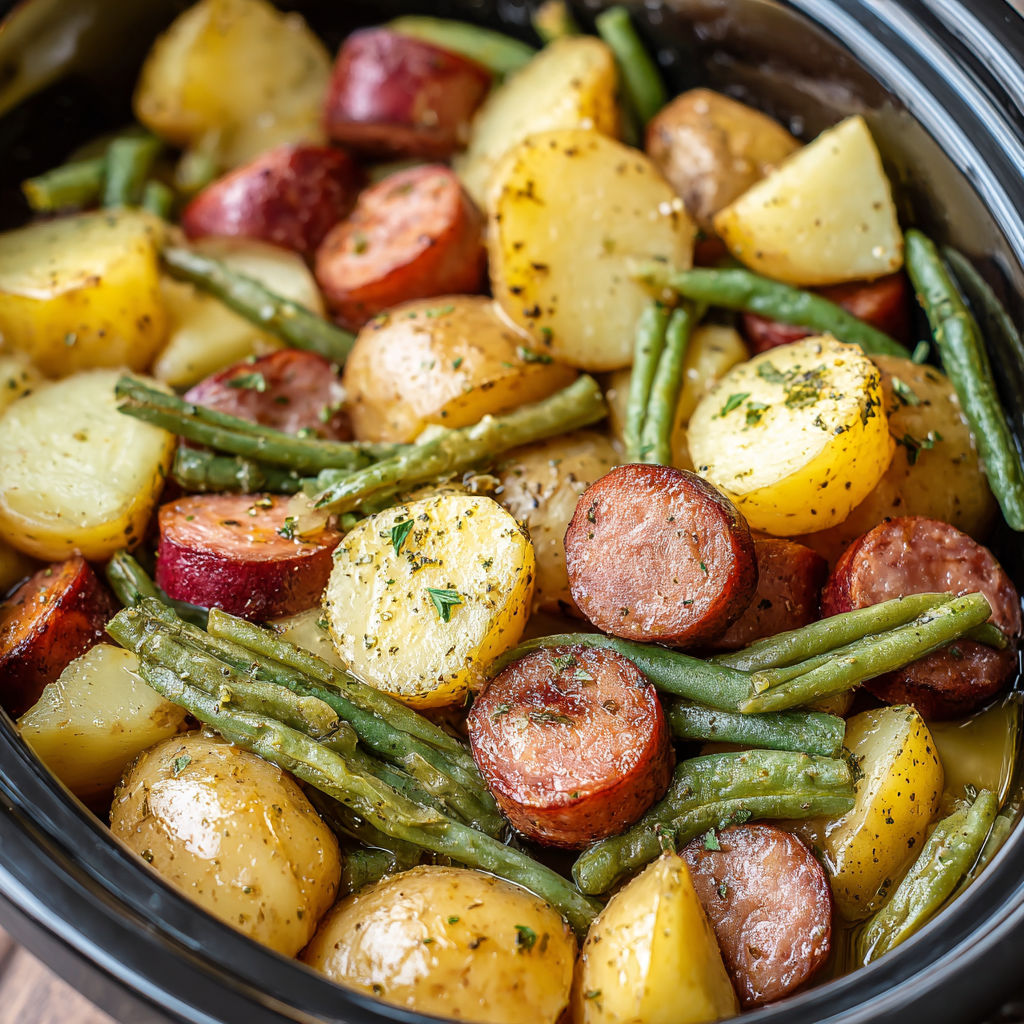 Ein Slow Cooker gefüllt mit Kartoffeln, grünen Bohnen und Wurst.