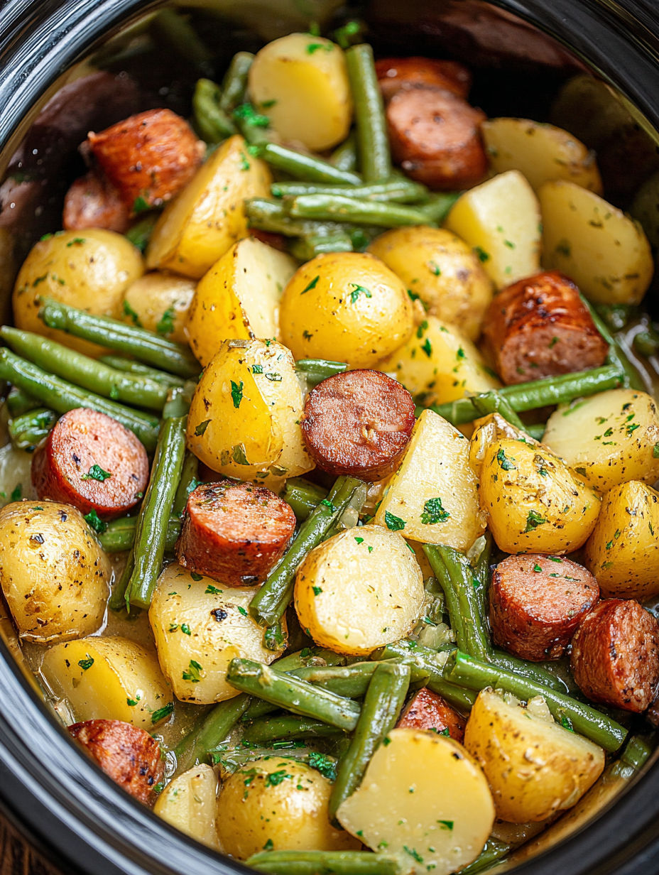 Eine Schüssel mit Kartoffeln, grünen Bohnen und Wurst.