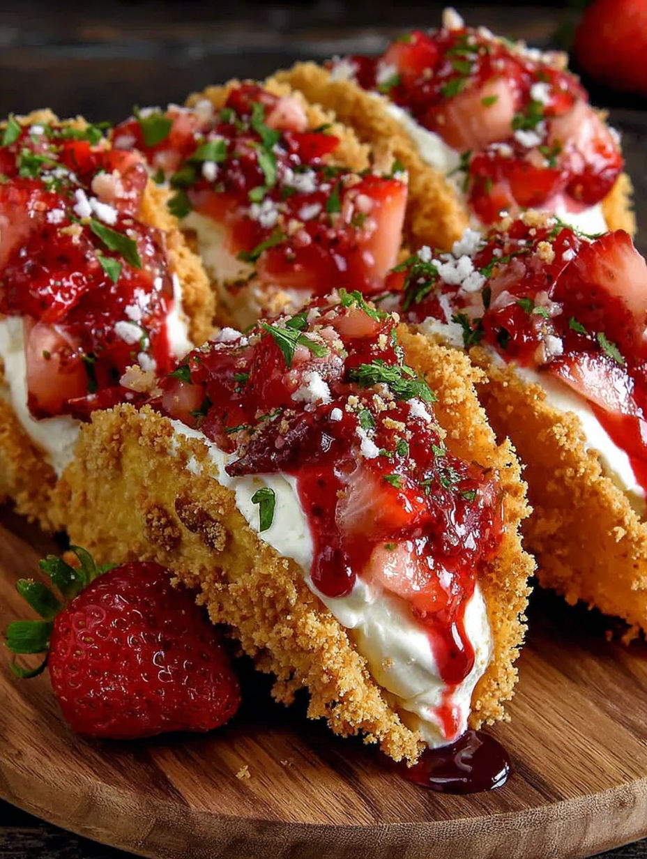 Eine Nahaufnahme von einer Erdbeer- und Sahne überzogenen Hähnchenbrust.