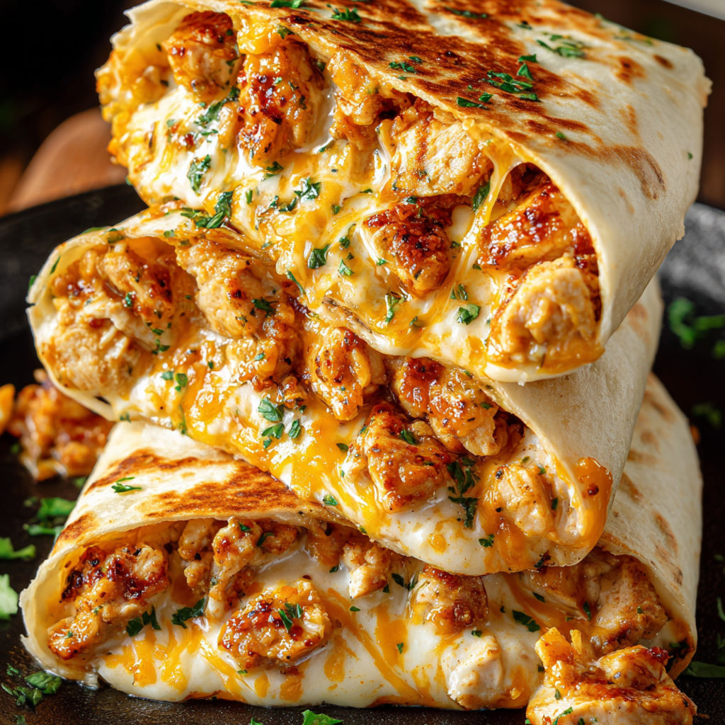 Ein Stapel von Käse Knoblauch Huhn Wickeln.