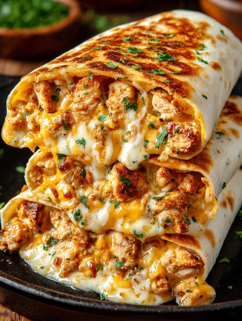 Ein Burrito mit Hähnchen und Käse.