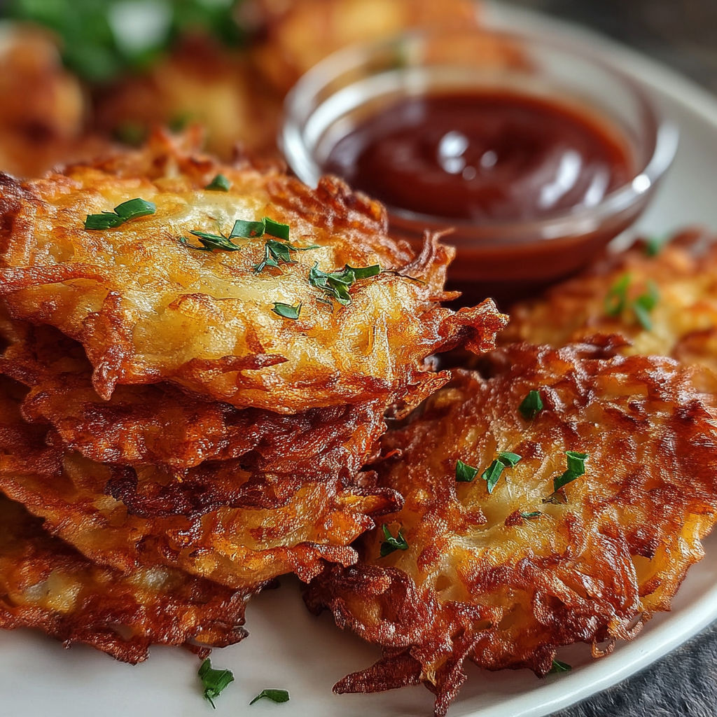 Ein Teller mit Zwiebelkuechlein und Ketchup.