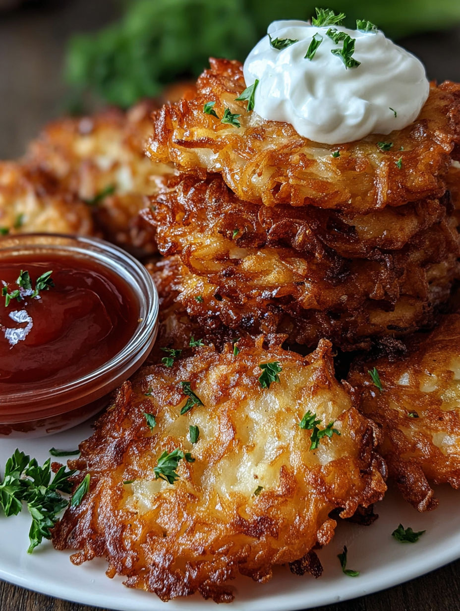 Ein Stapel gebackener Zwiebelringe mit einem Klecks saurer Sahne oben drauf.