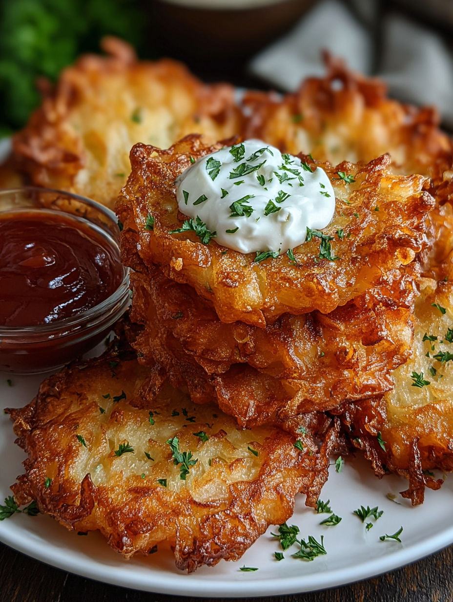 Ein Teller gebackener Zwiebelringe mit einem Klecks saurer Sahne oben drauf.