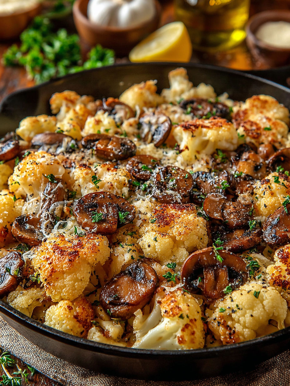 Ein Gericht mit Champignons und Blumenkohl.