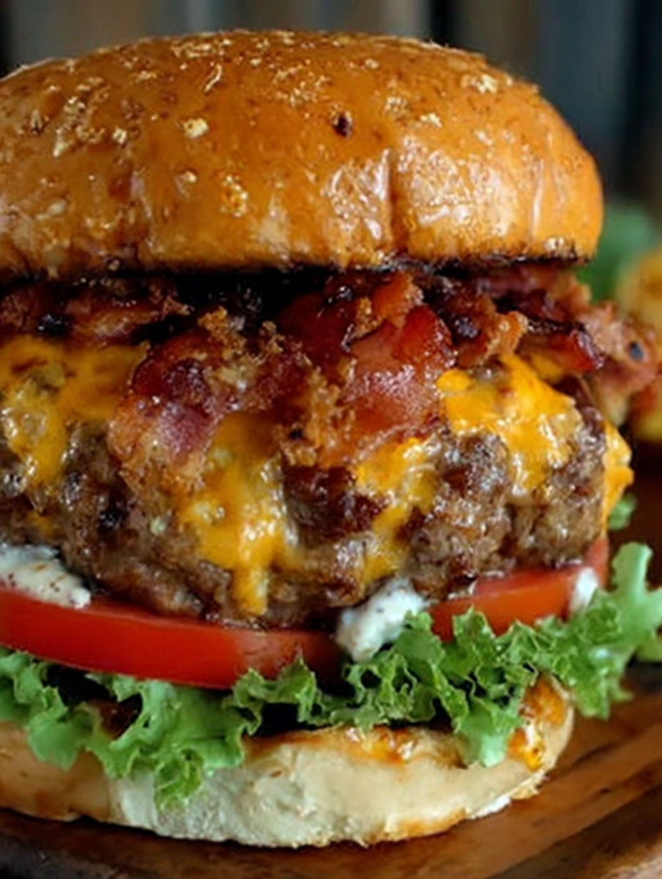 Nahaufnahme eines Bacon-Cheeseburgers.