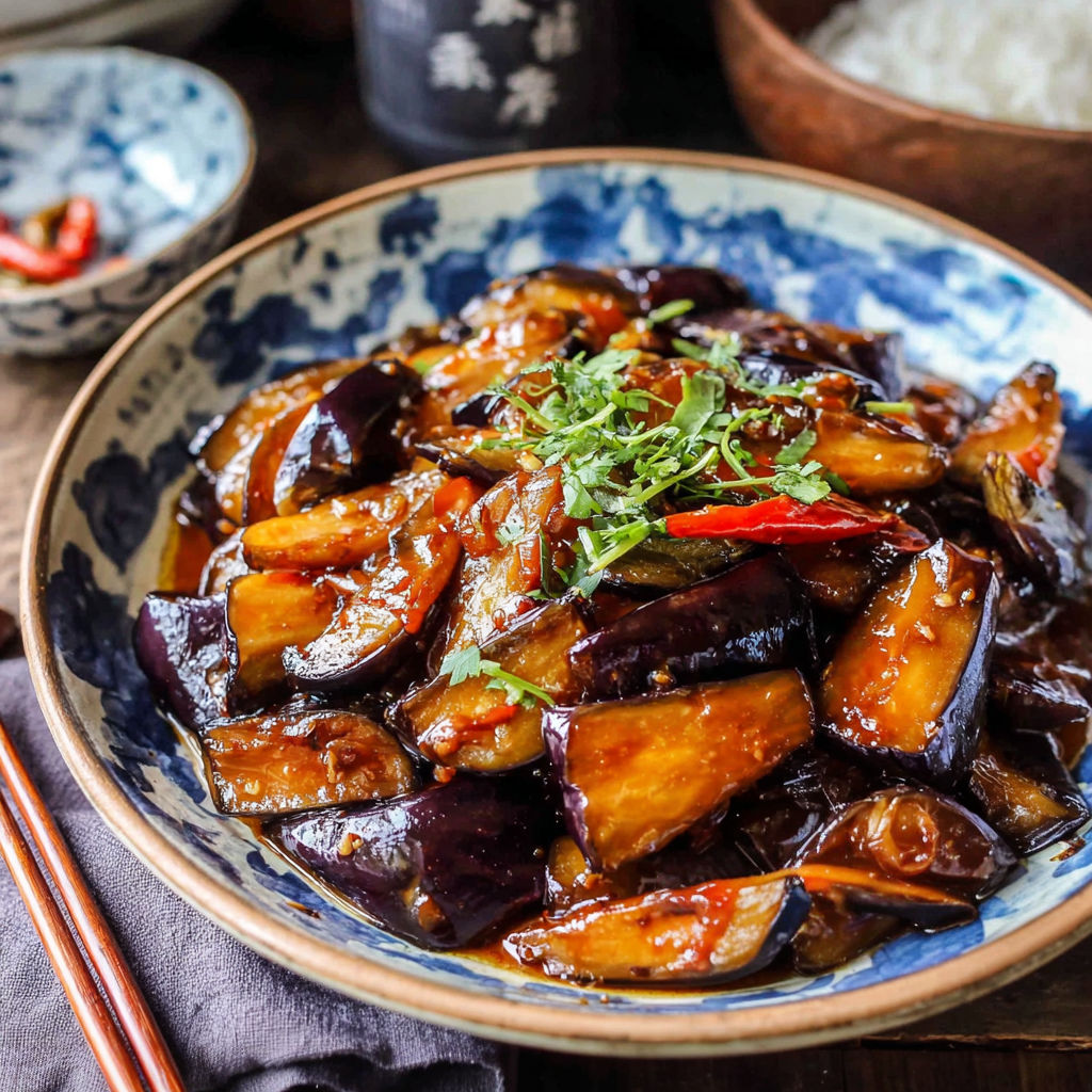 Eine Schale mit chinesischer Aubergine in Knoblauchsauce.