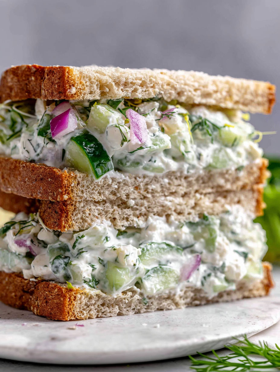 Ein Stapel Sandwiches mit Gurkensalat.