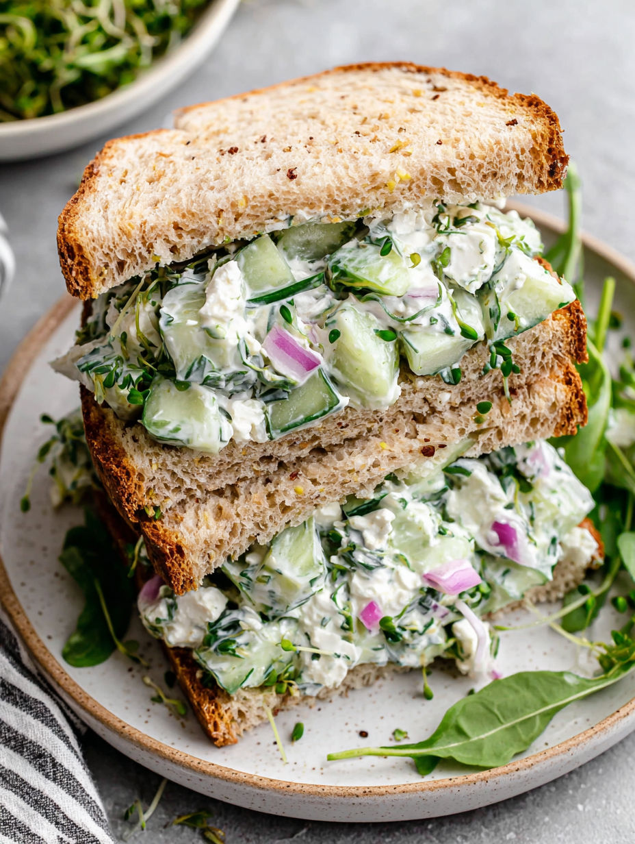 Ein Sandwich mit Gurkensalat obendrauf.