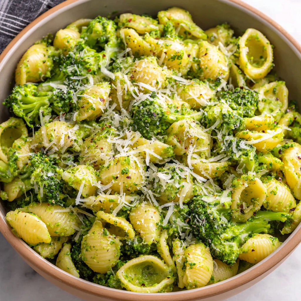 Eine Schüssel Pasta mit Brokkoli und Käse.
