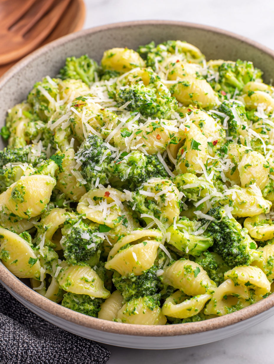 Eine Schüssel Pasta mit Brokkoli und Käse.