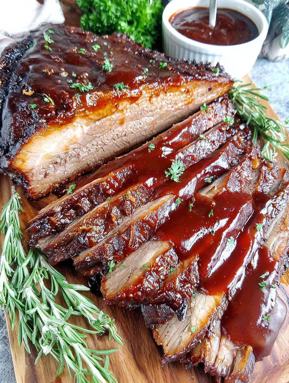 Nahaufnahme eines Stücks Fleisch mit BBQ-Sauce.