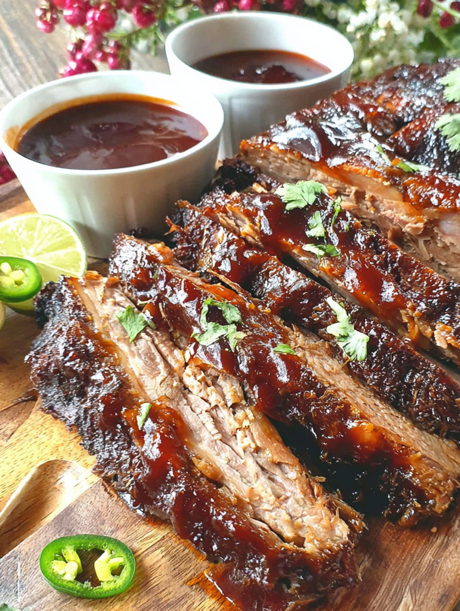 Nahaufnahme eines BBQ-Rippchens mit Sauce.