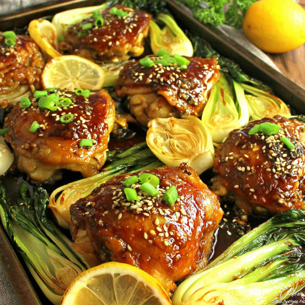 Eine Pfanne mit Hähnchen und Zitronenschnitten oben drauf.