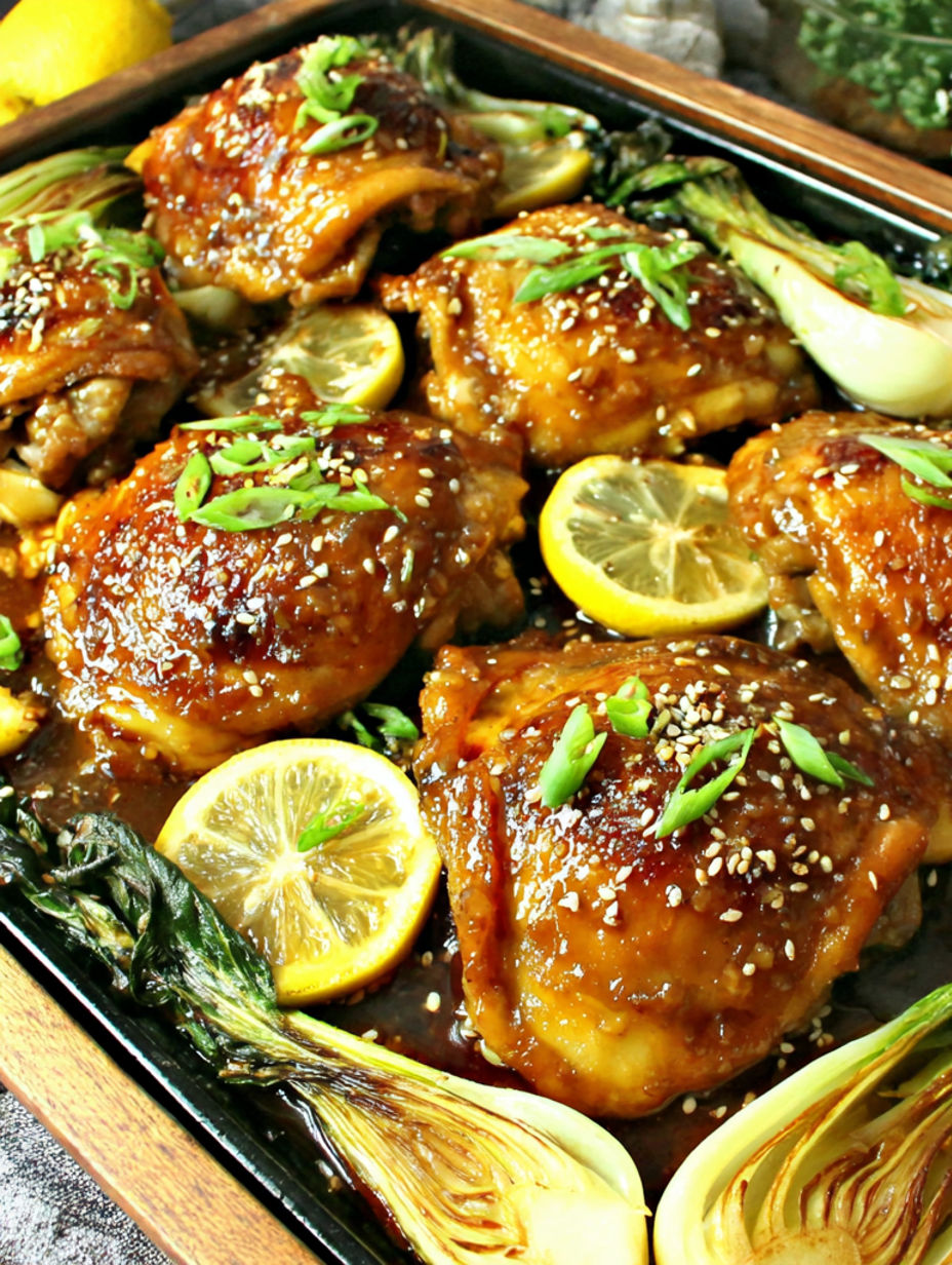 Ein Blech Hühnchen mit Zitronenscheiben und Kräutern.