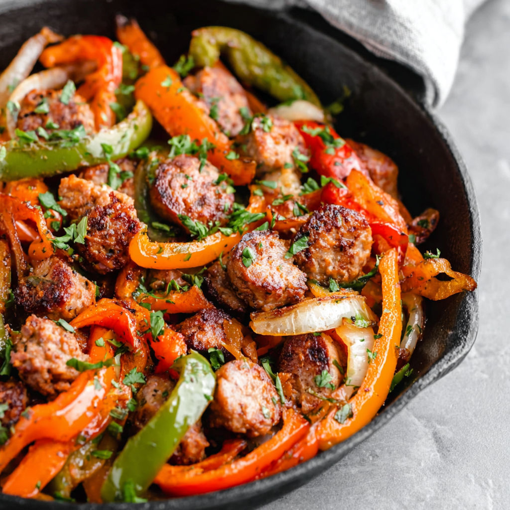 Eine Pfanne mit italienischer Wurst und Paprika.