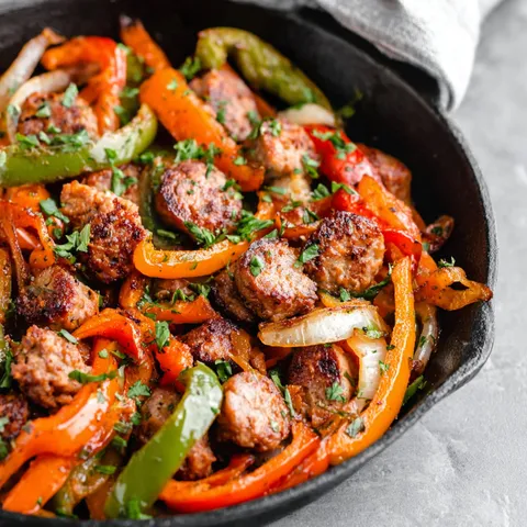 Eine Pfanne mit italienischer Wurst und Paprika.