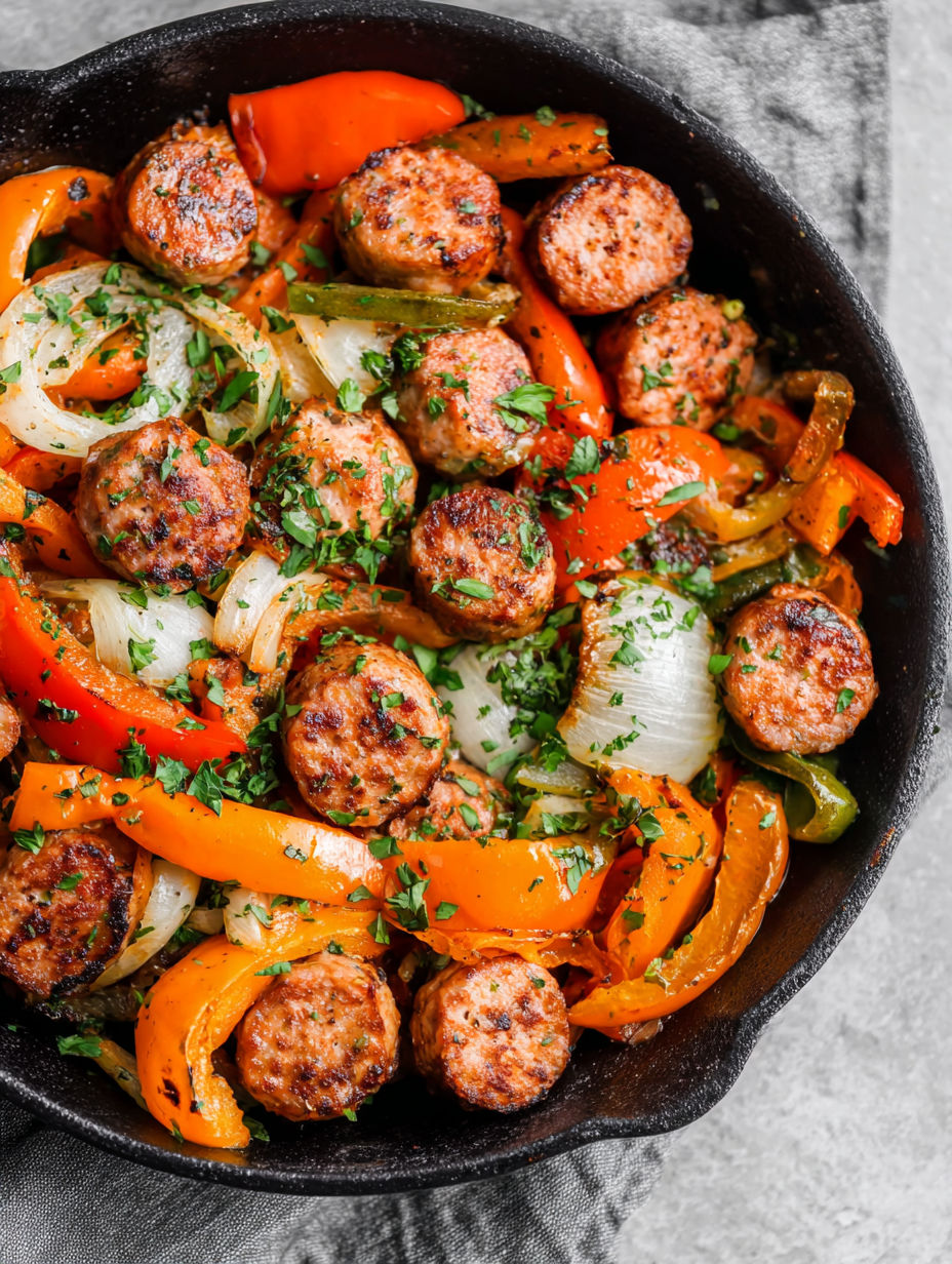 Eine Schüssel mit Wurst und Paprika.