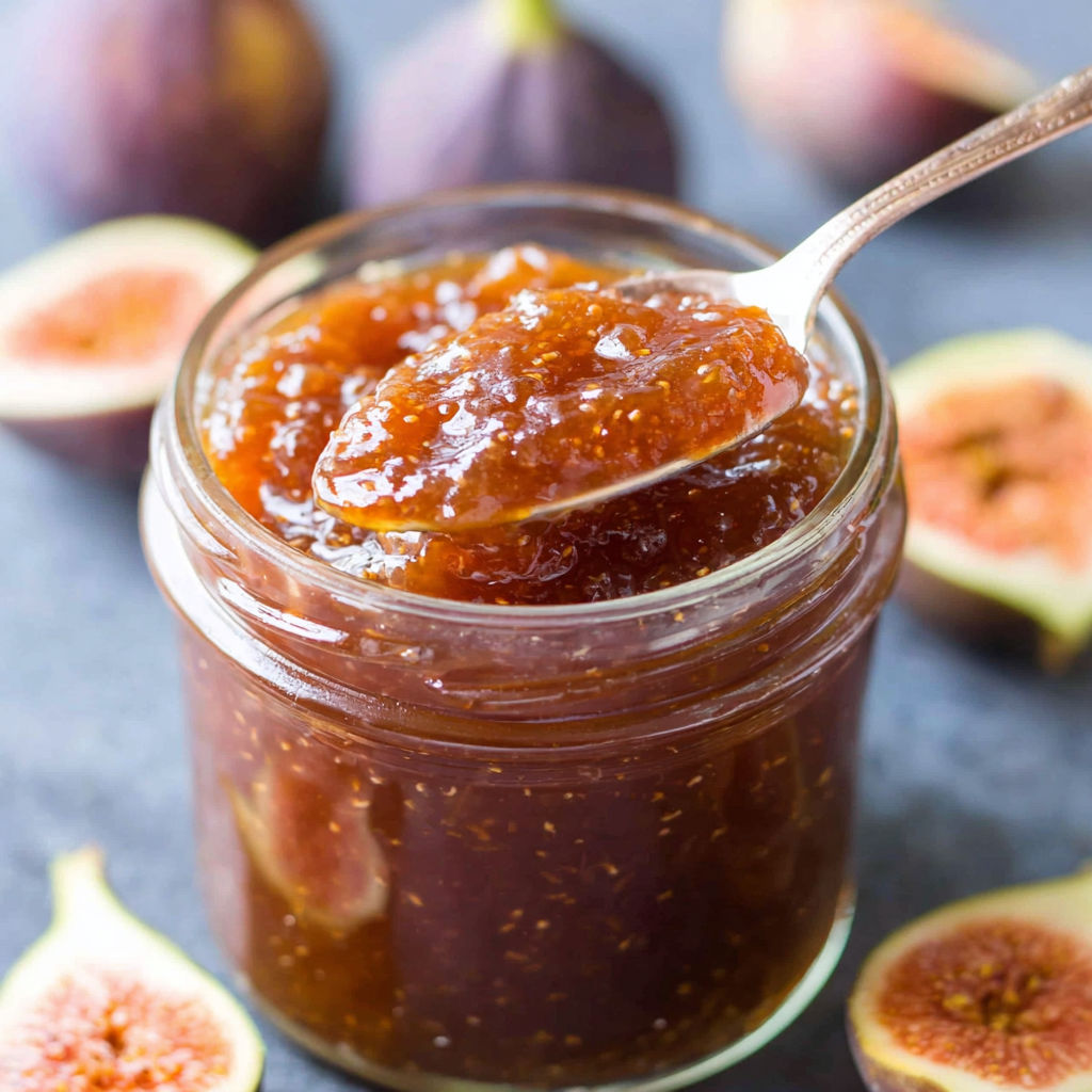 Ein Glas hausgemachte Figenmarmelade.