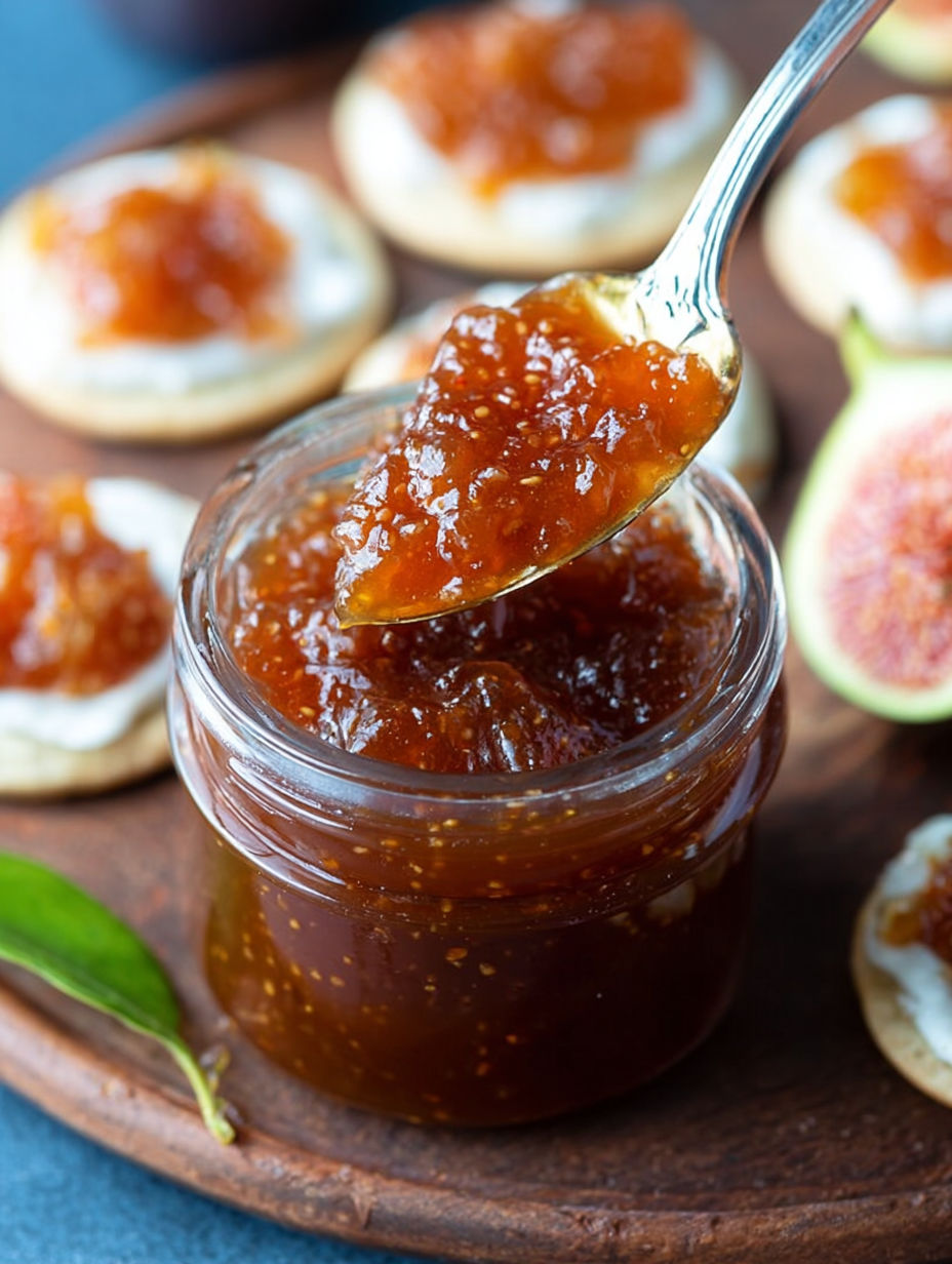 Ein Glas selbstgemachte Feigenmarmelade mit einem Löffel darin.