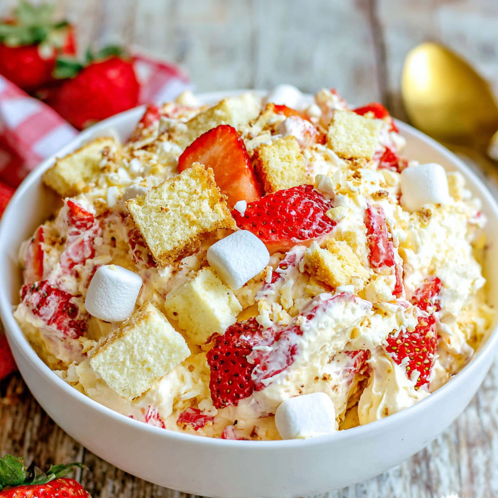 Eine Schüssel mit Erdbeer Shortcake Fluff Salat.