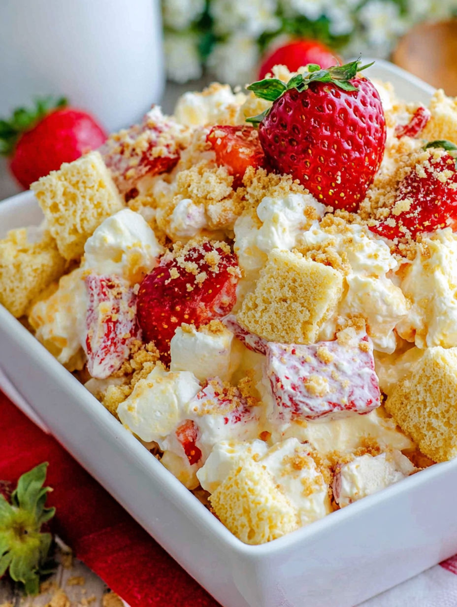 Eine weiße Schüssel gefüllt mit Kuchen und Erdbeeren.