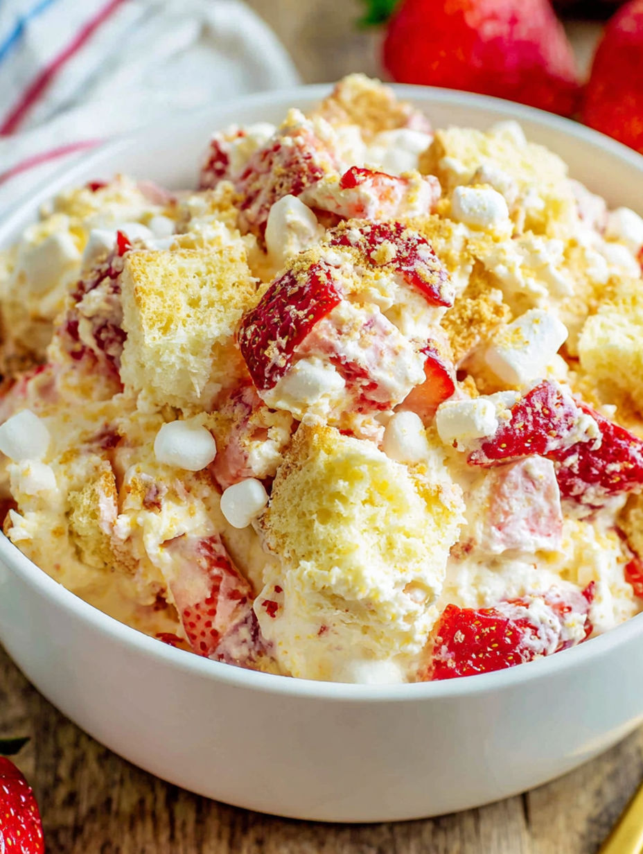 Eine Schüssel mit Kuchen und Erdbeeren obendrauf.