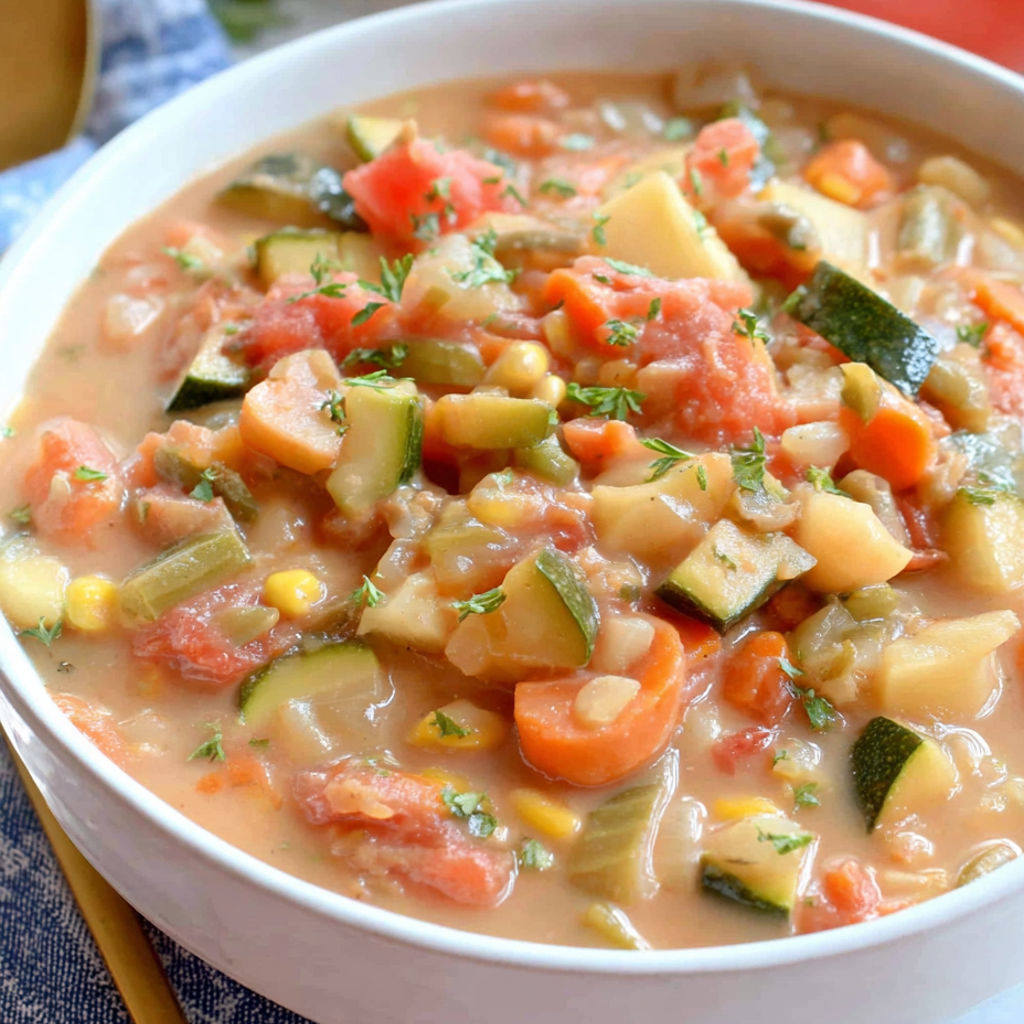 Eine Bowl mit Gemüse-Eintopf, Karotten, Mais und Zucchini.