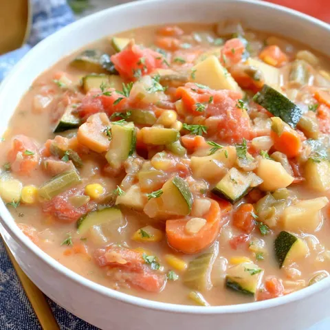 Eine Bowl mit Gemüse-Eintopf, Karotten, Mais und Zucchini.