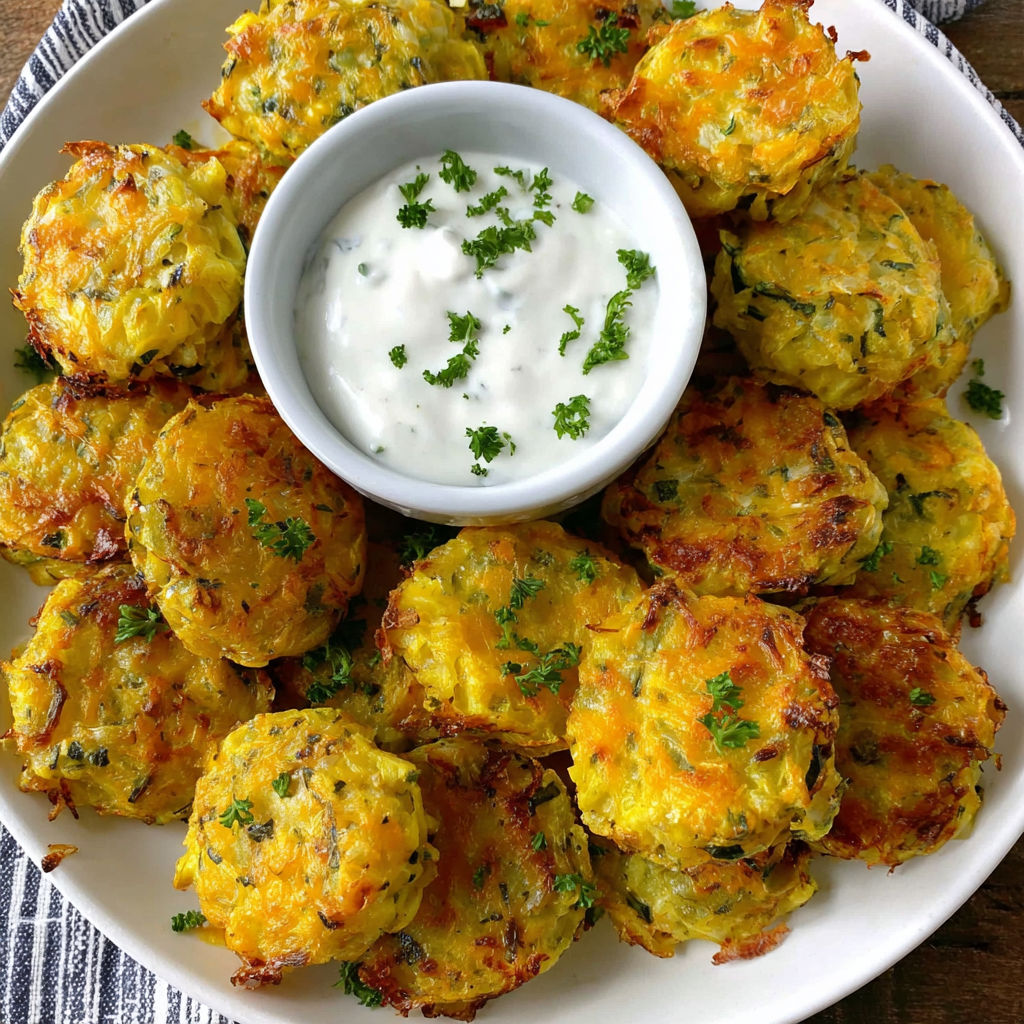 Ein weißer Teller mit gelben Zucchini-Tots und einer Schüssel mit Dip.