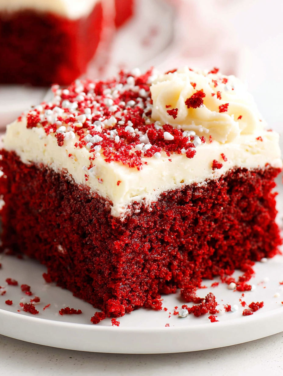 Ein Stück roter Samtkuchen mit weißem Frosting.