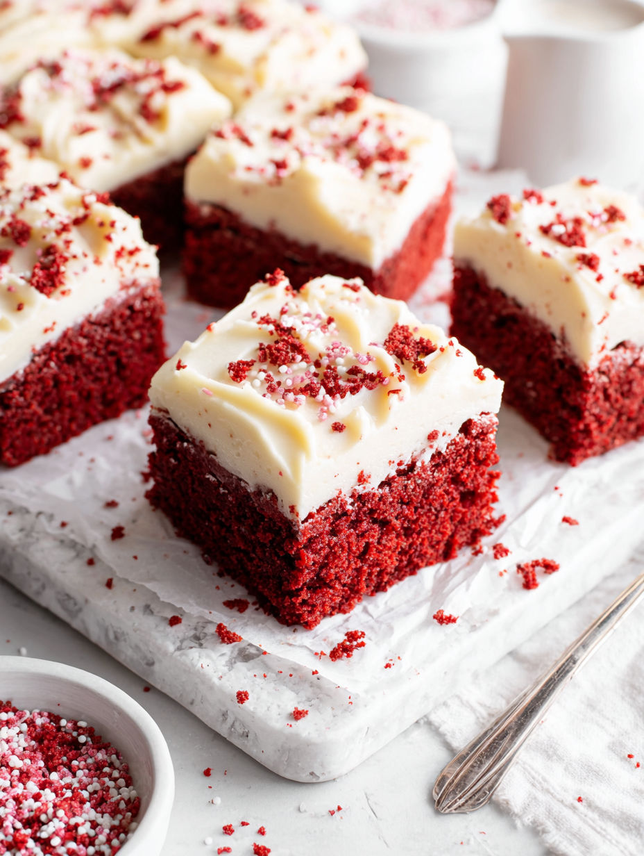 Ein roter Samtkuchen mit weißem Frosting.