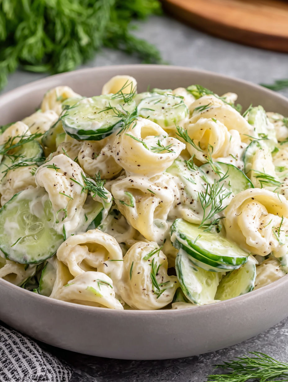 Eine Schüssel mit Pasta, Gurken und Käse.