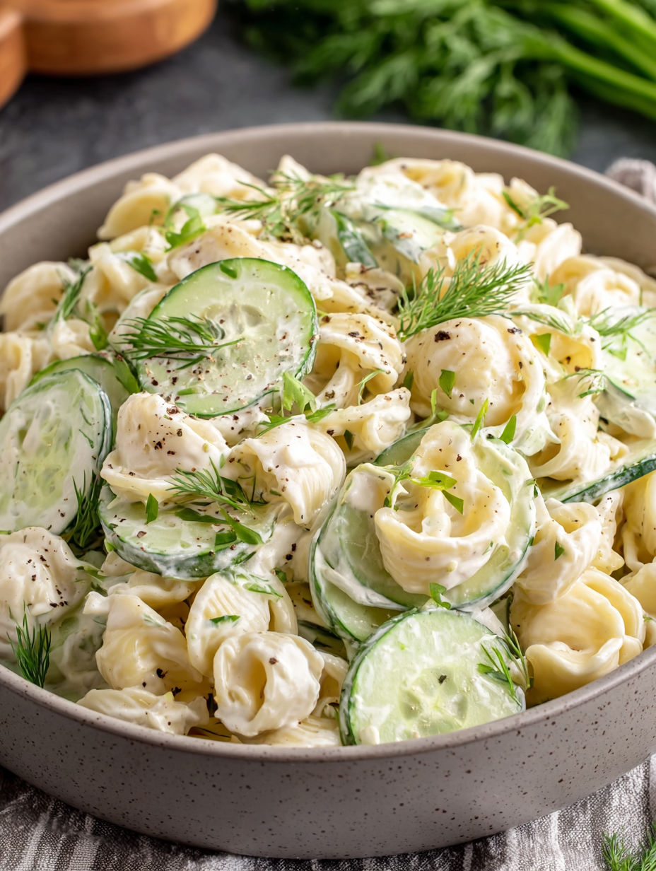 Eine Schüssel mit Pasta, Gurken und Käse.