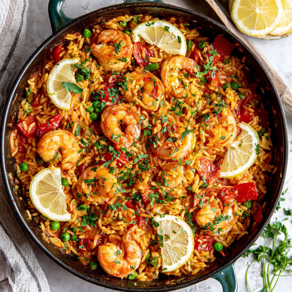 Eine Pfanne mit Reis und Garnelen sowie Zitronenscheiben.