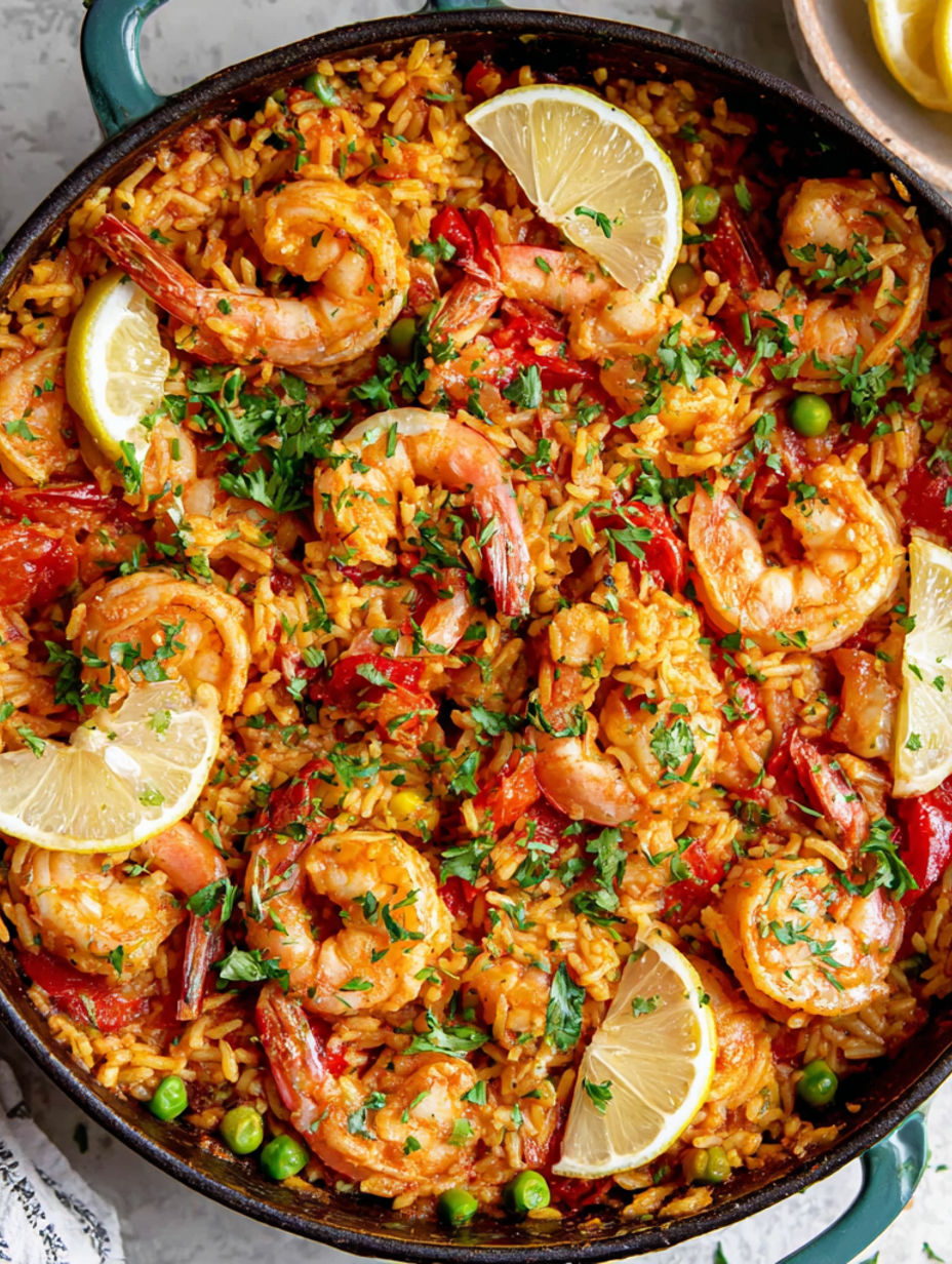 Ein Schüssel mit Garnelen und Reis, mit einer Zitronenscheibe oben.