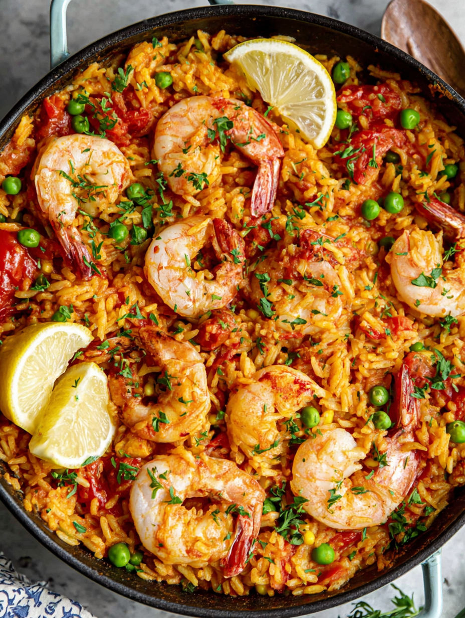 Ein Gericht mit Garnelen und Reis, mit einer Zitronenscheibe oben.