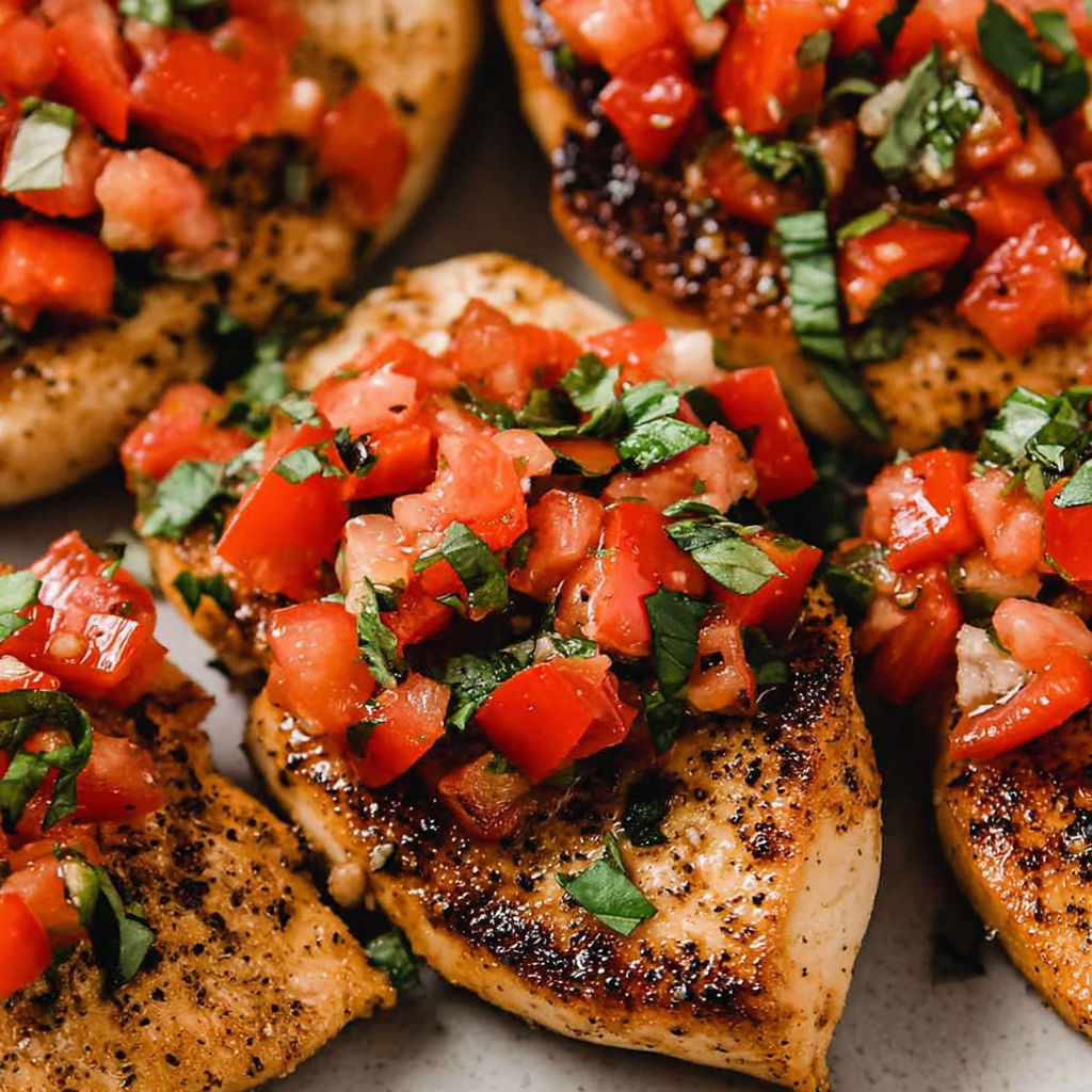 Gegrilltes Hühnchen mit Tomaten und Basilikum.