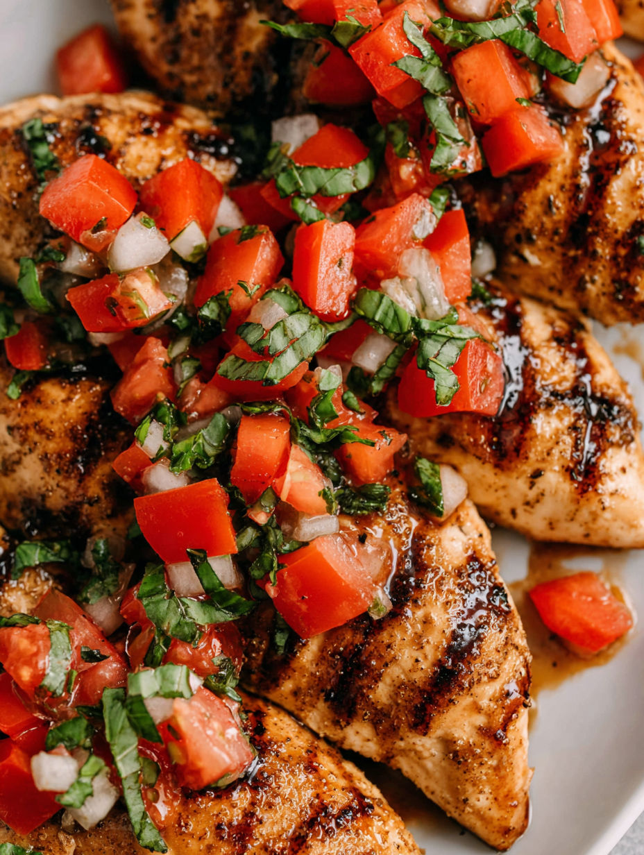 Gegrilltes Hähnchen mit Tomaten und Basilikum.