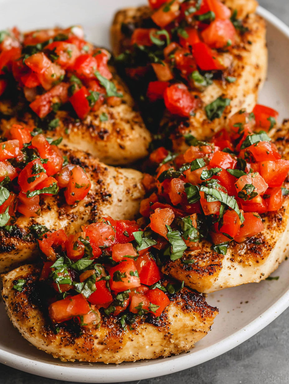 Ein Teller mit gegrilltem Hähnchen und Tomaten sowie Basilikum.