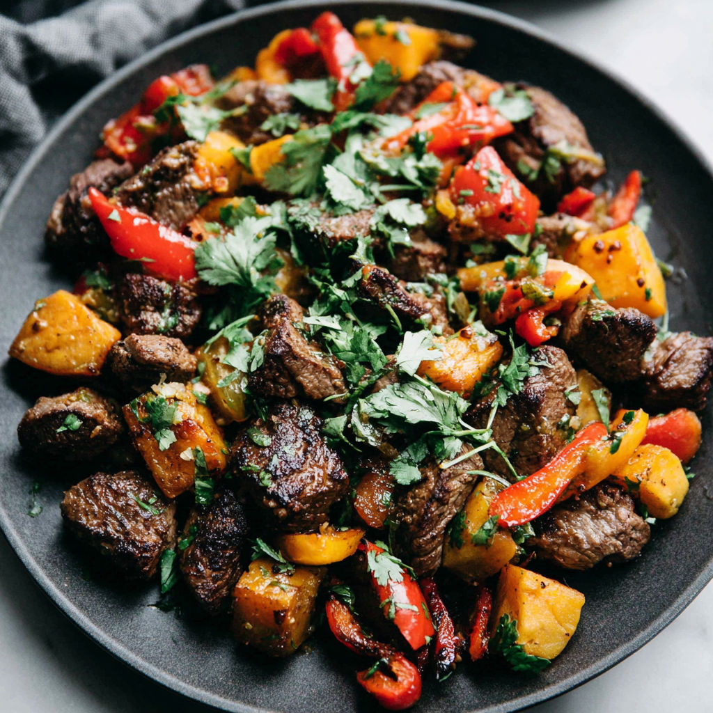 Ein Teller mit Fleisch, Paprika und Süßkartoffeln.