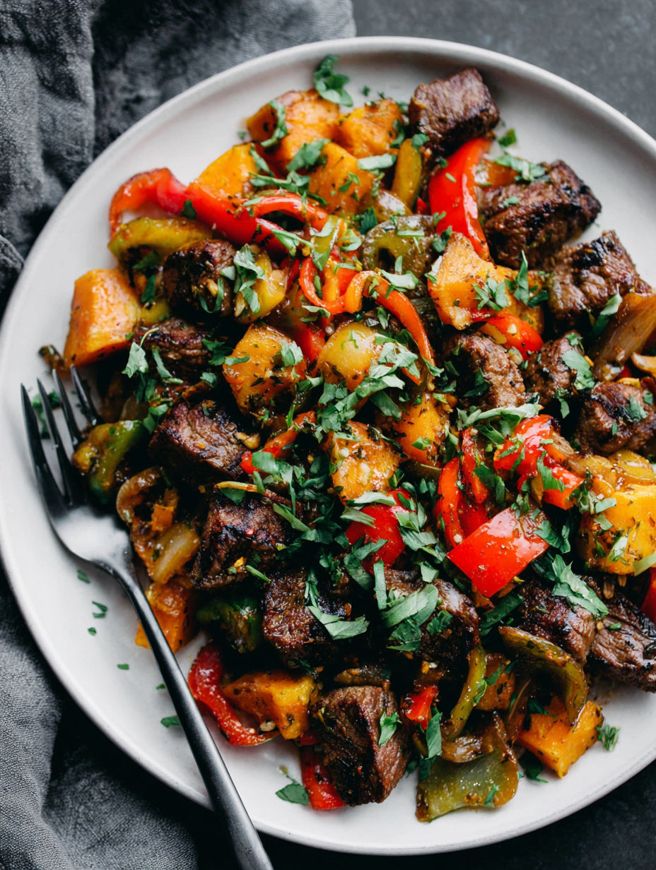 Ein Teller mit Steakbissen, Süßkartoffeln und Paprika.