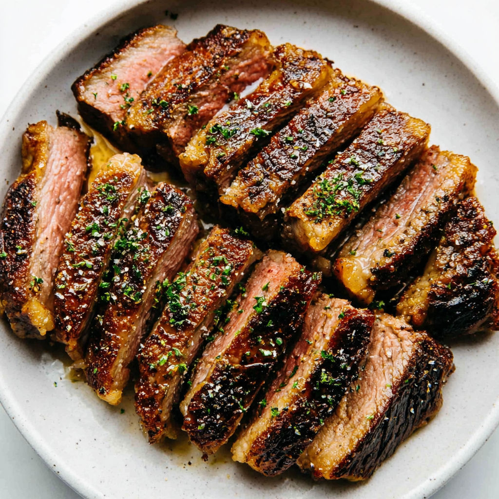 Ein Stück Steak mit Kräutern darauf.