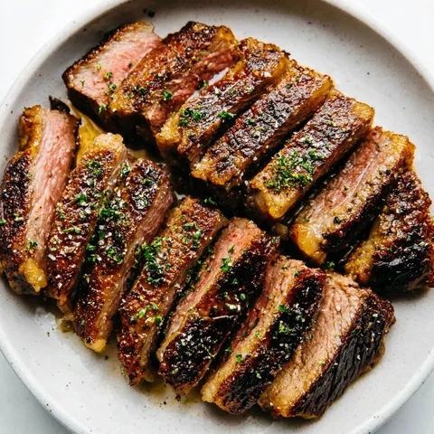 Ein Stück Steak mit Kräutern darauf.