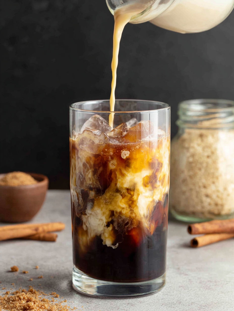 Ein Glas eisgekühlten Kaffee mit einem Löffel darin.