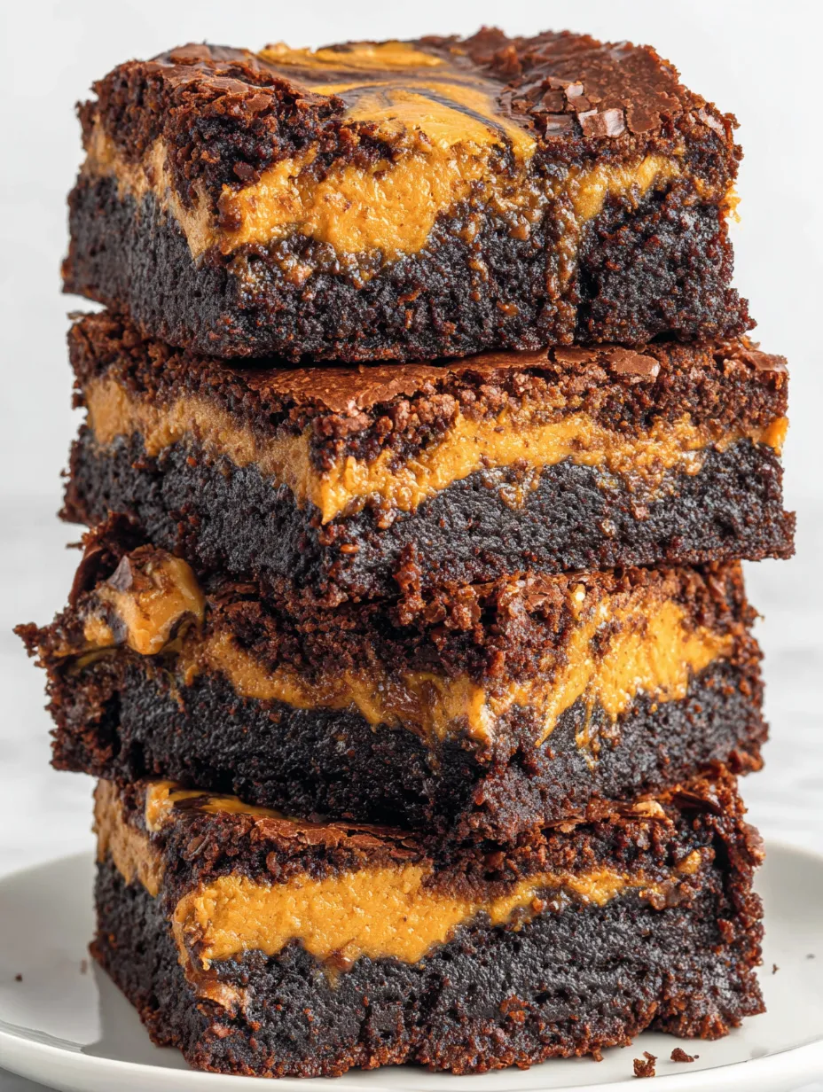 Drei Schichten Schokoladenbrownies mit Kürbisfüllung.