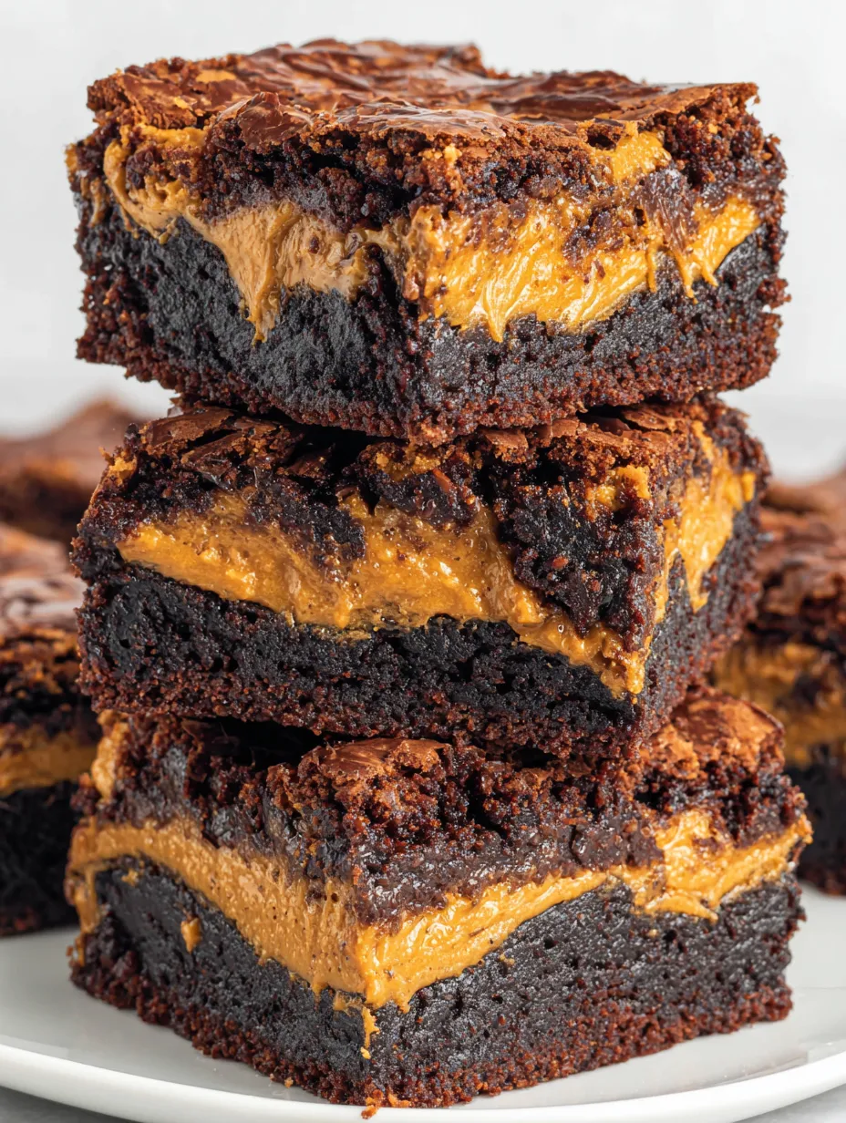 Ein Stapel Brownies mit Karamellsauce.