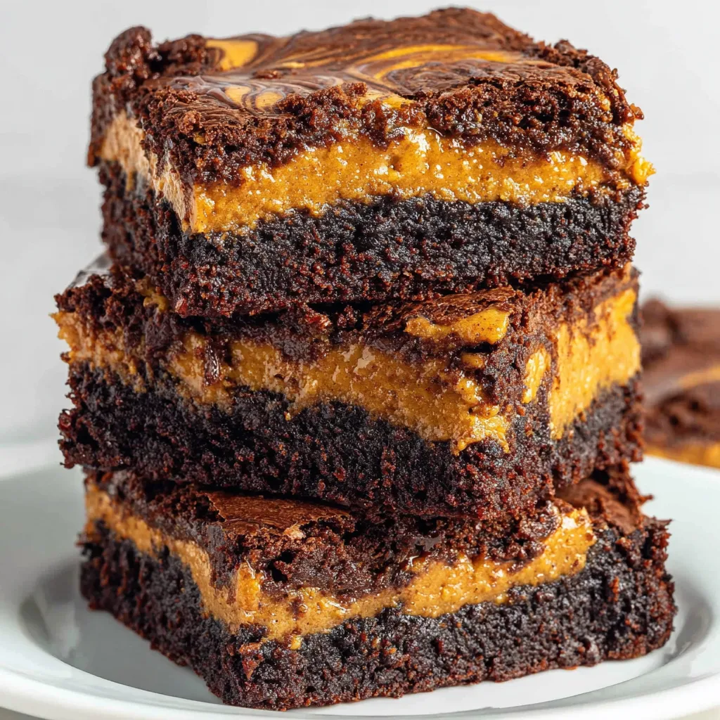 Ein Stapel Brownies mit Kürbis in der Mitte.
