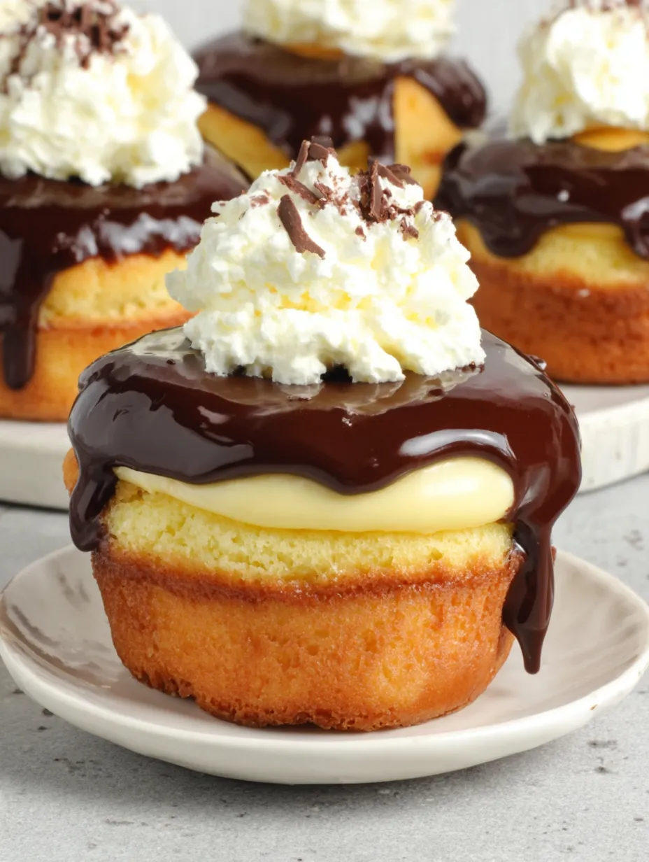 Ein Törtchen mit Schokoladenglasur und Sahnehaube.