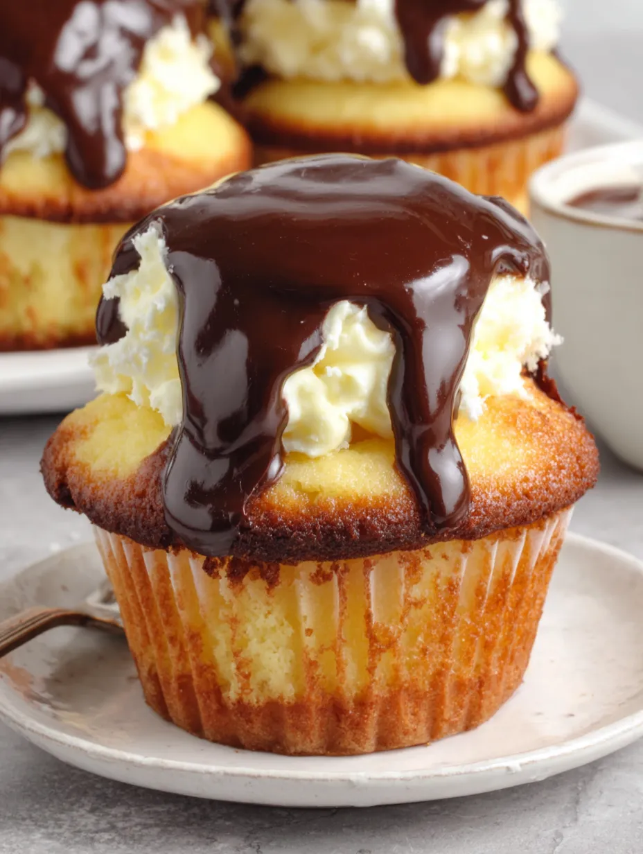 Ein Törtchen mit Schokoladenglasur und Sahnehaube.